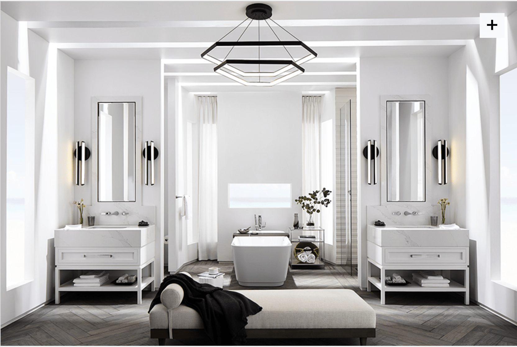 A stunning bathroom designed by Laura Muller of www.fourpointdesignbuild.com for luxury bathroom brand, DXV