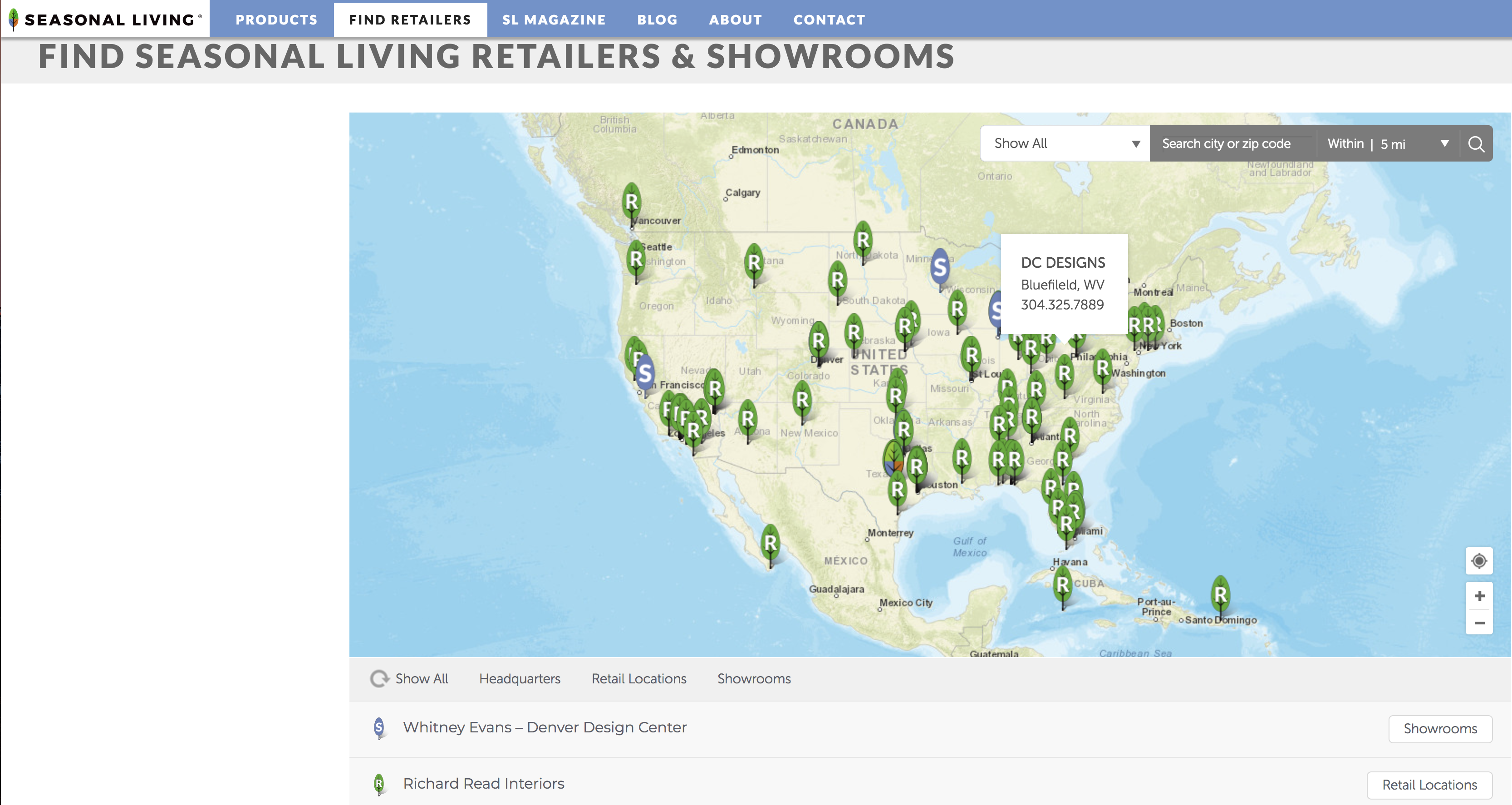 Seasonal Living Trading Company's Retailer Locator Map 