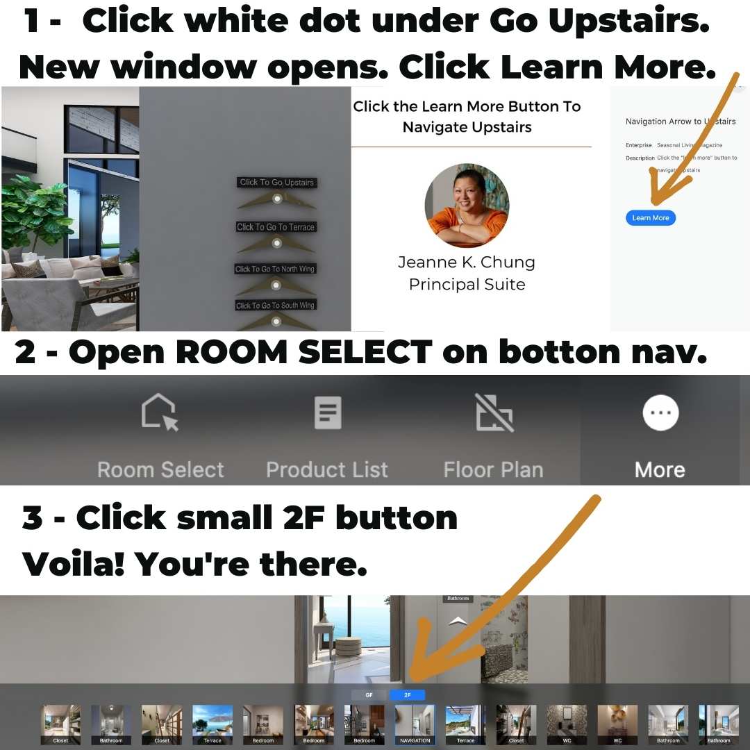 Navigation instructions to the 2nd floor of Seasonal Living Magazine's Virtual Designer Showhouse