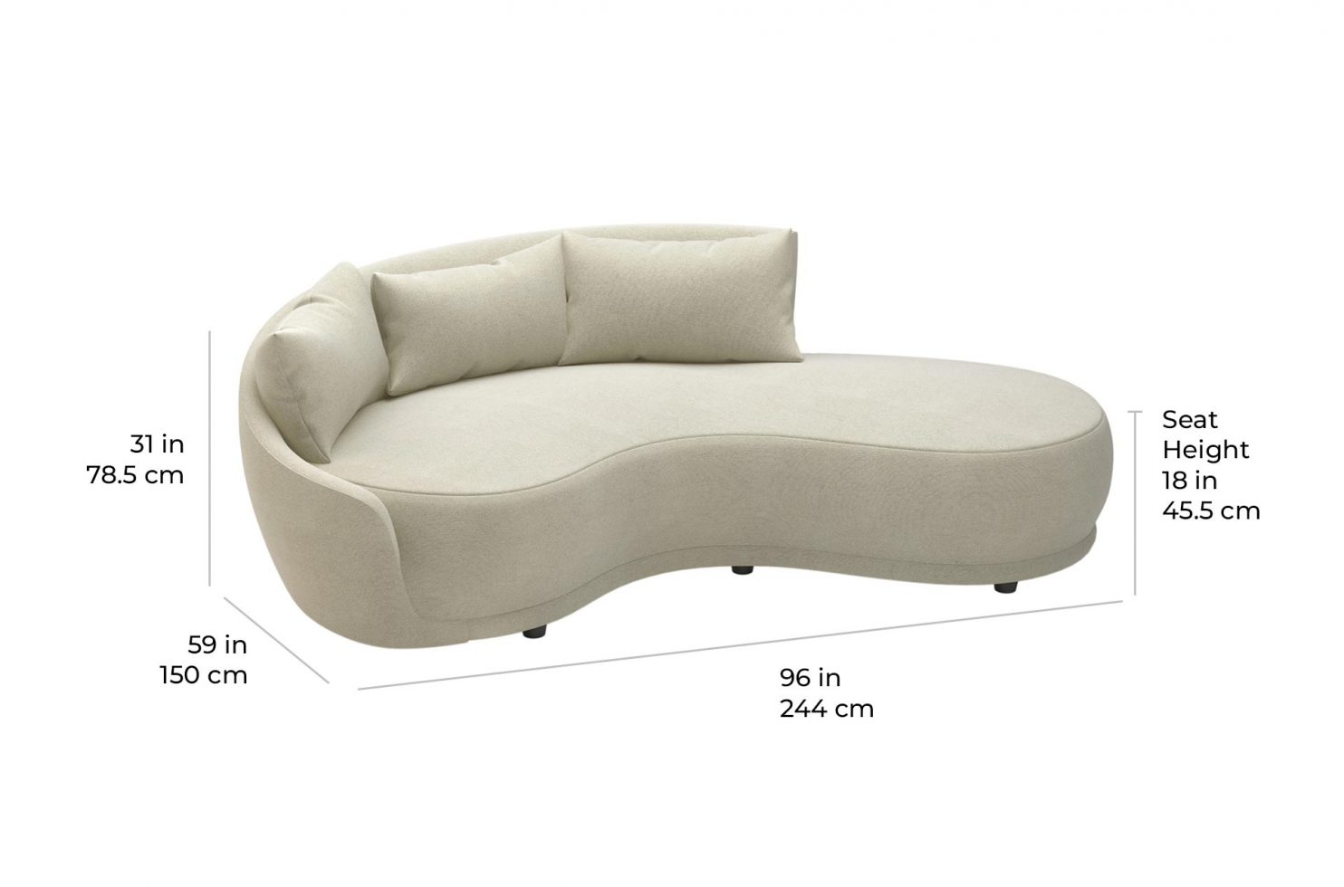 fizz grand royal one arm sofa w bumper 105FT001P2 SWB LAF scale dims