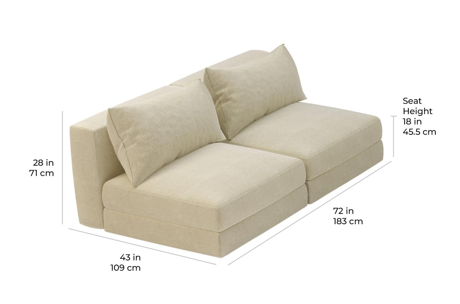 fizz julep armless loveseat 105FT002P2 ALS scale dims