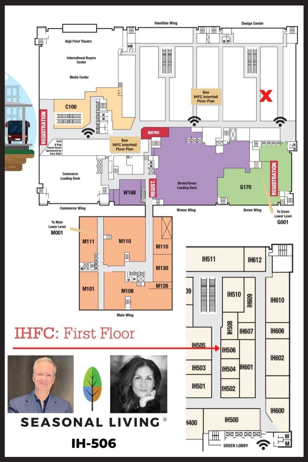 Map of how to find Seasonal Living's exhibitor space at High Point Market in Interhall 506